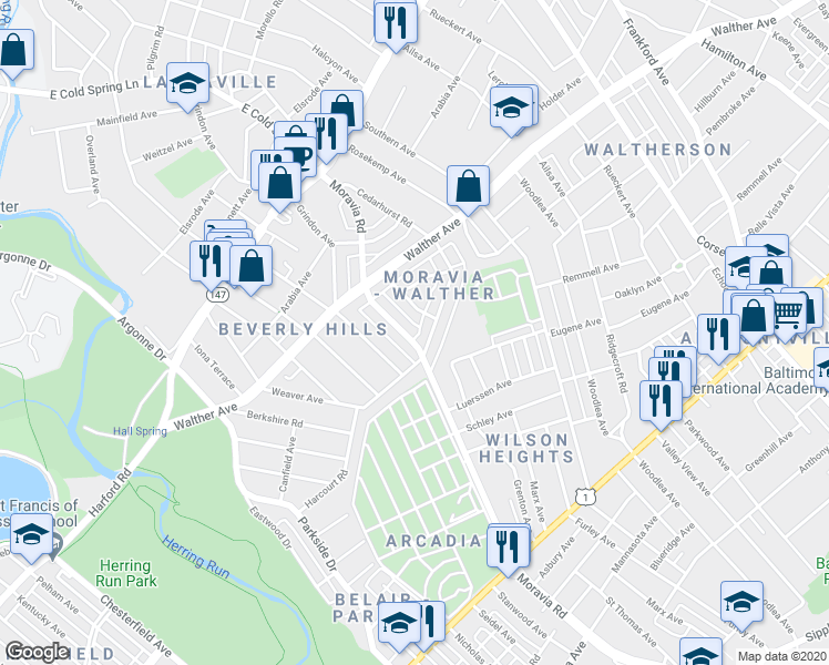 map of restaurants, bars, coffee shops, grocery stores, and more near 3322 Moravia Road in Baltimore