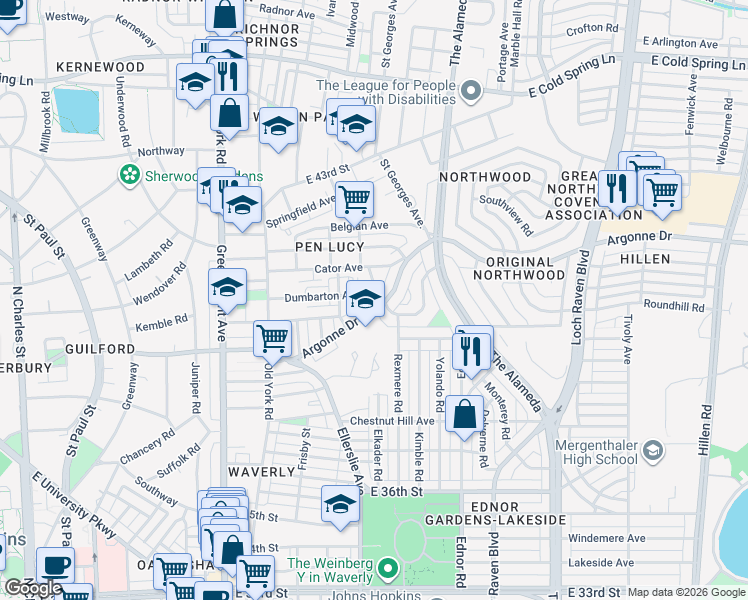 map of restaurants, bars, coffee shops, grocery stores, and more near 830 Argonne Drive in Baltimore