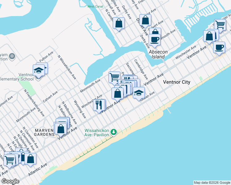 map of restaurants, bars, coffee shops, grocery stores, and more near 6616 Ventnor Avenue in Ventnor City