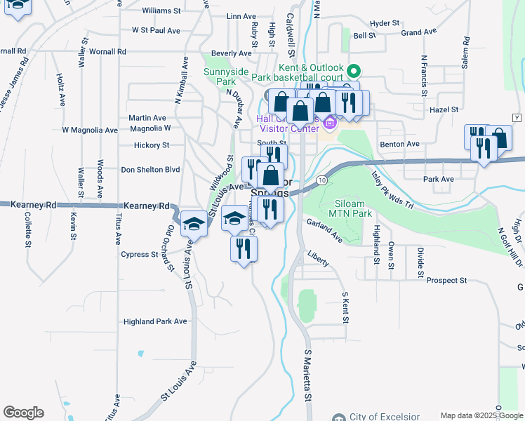 map of restaurants, bars, coffee shops, grocery stores, and more near 404 Regent Avenue in Excelsior Springs
