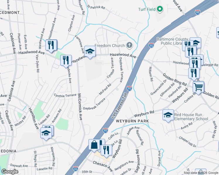 map of restaurants, bars, coffee shops, grocery stores, and more near 5127 McFaul Road in Baltimore
