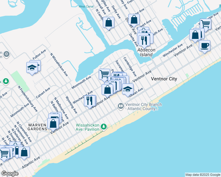 map of restaurants, bars, coffee shops, grocery stores, and more near 6517 Ventnor Avenue in Ventnor City