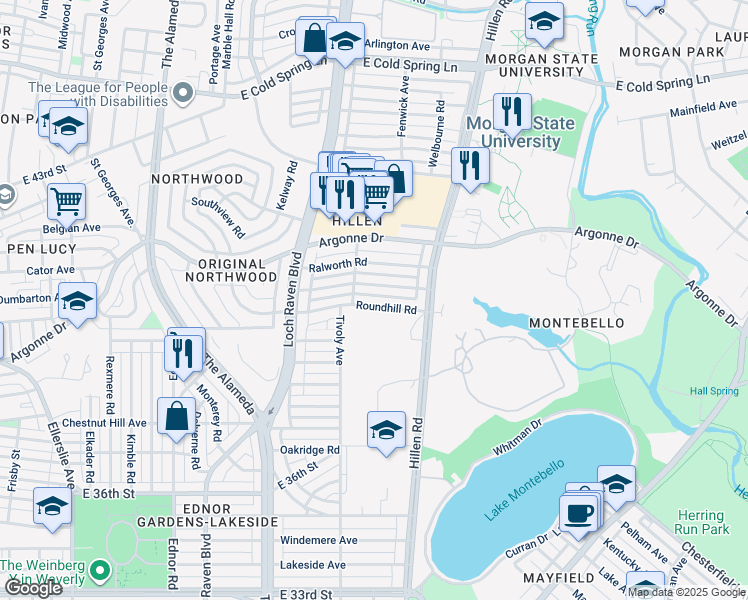 map of restaurants, bars, coffee shops, grocery stores, and more near 1618 Roundhill Road in Baltimore
