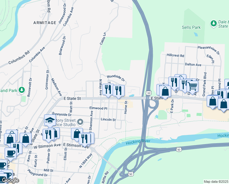 map of restaurants, bars, coffee shops, grocery stores, and more near 1 Ransom Road in Athens