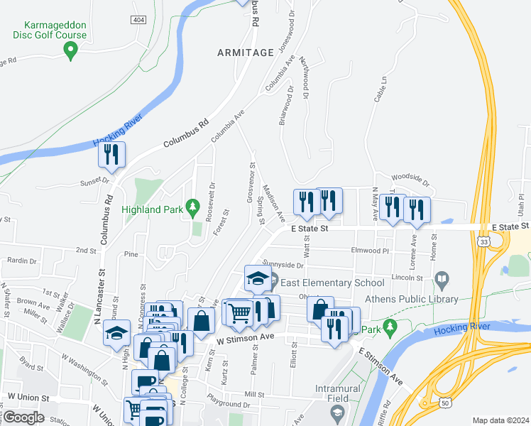 map of restaurants, bars, coffee shops, grocery stores, and more near 143 Franklin Avenue in Athens