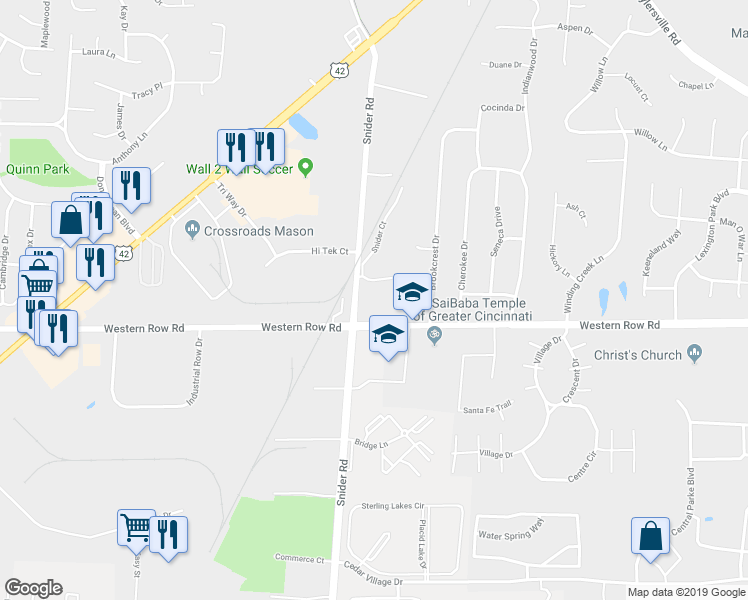 map of restaurants, bars, coffee shops, grocery stores, and more near 756 Western Row Road in Mason