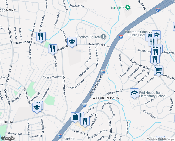 map of restaurants, bars, coffee shops, grocery stores, and more near 5127 McFaul Road in Baltimore