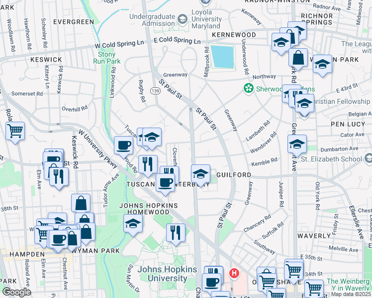 map of restaurants, bars, coffee shops, grocery stores, and more near 4000 North Charles Street in Baltimore