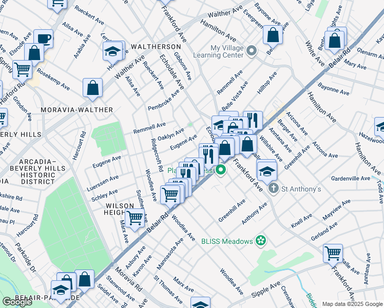 map of restaurants, bars, coffee shops, grocery stores, and more near 5113 Ardmore Way in Baltimore
