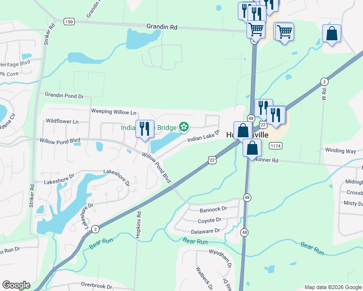 map of restaurants, bars, coffee shops, grocery stores, and more near 497 Indian Lake Drive in Maineville