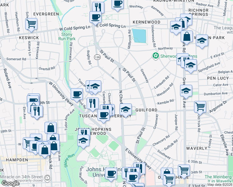 map of restaurants, bars, coffee shops, grocery stores, and more near 4000 North Charles Street in Baltimore
