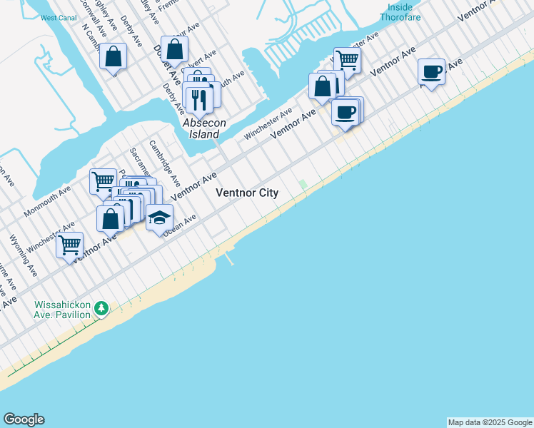 map of restaurants, bars, coffee shops, grocery stores, and more near in Ventnor City