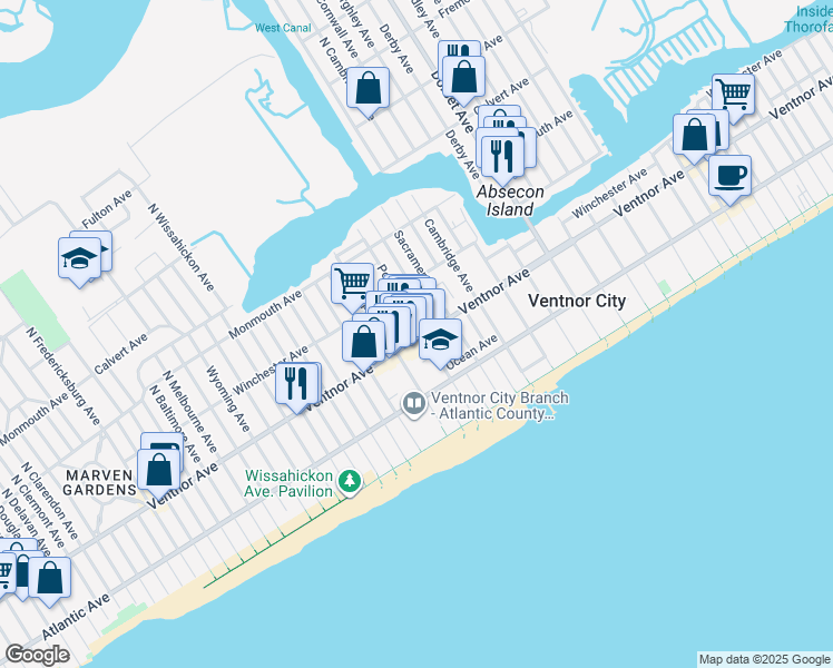 map of restaurants, bars, coffee shops, grocery stores, and more near 6412 Ventnor Avenue in Ventnor City
