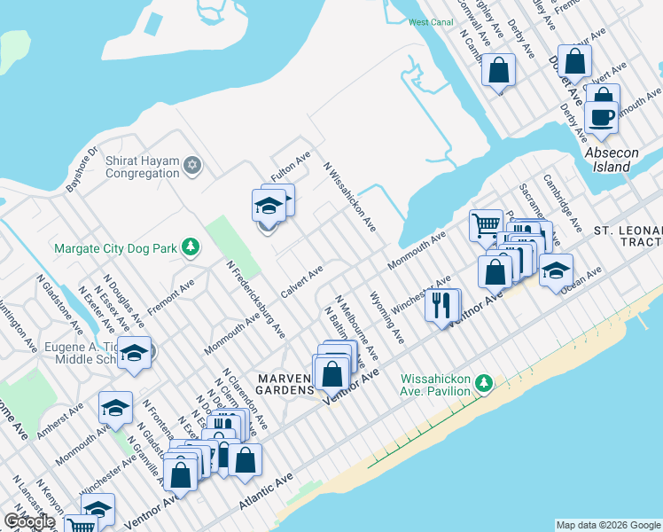 map of restaurants, bars, coffee shops, grocery stores, and more near 7021-7023 Ventnor Avenue in Ventnor City