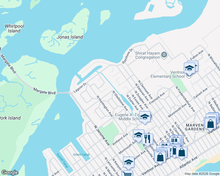 map of restaurants, bars, coffee shops, grocery stores, and more near 422 North Gladstone Avenue in Margate City