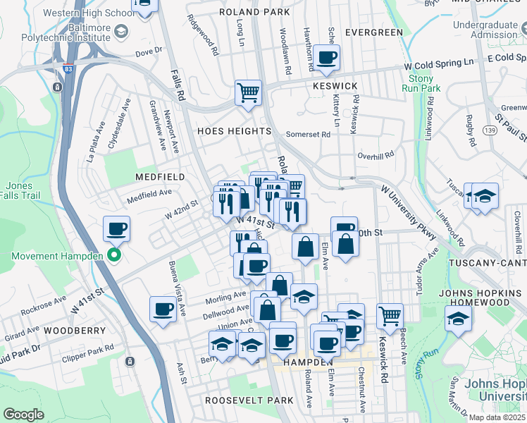 map of restaurants, bars, coffee shops, grocery stores, and more near 1020 West 41st Street in Baltimore