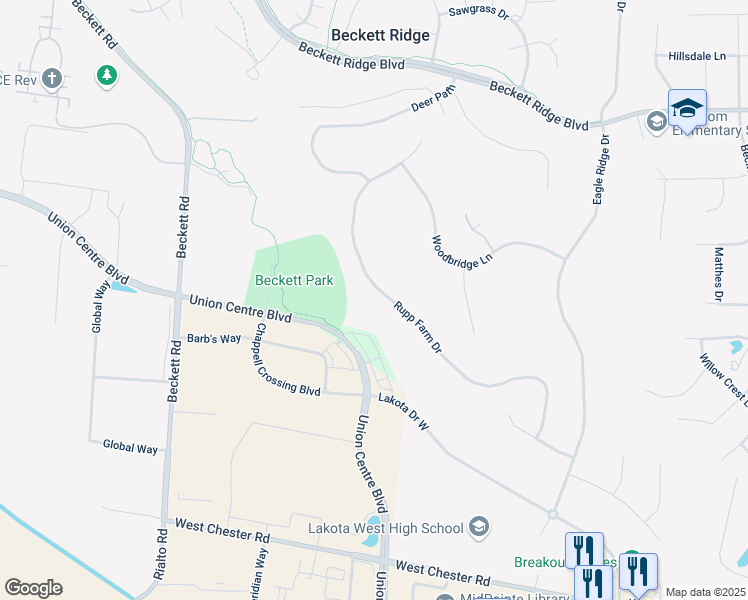 map of restaurants, bars, coffee shops, grocery stores, and more near 8603 Rupp Farm Drive in Beckett Ridge