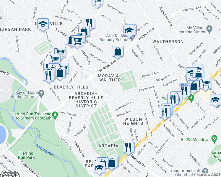 map of restaurants, bars, coffee shops, grocery stores, and more near 4611 Harcourt Road in Baltimore