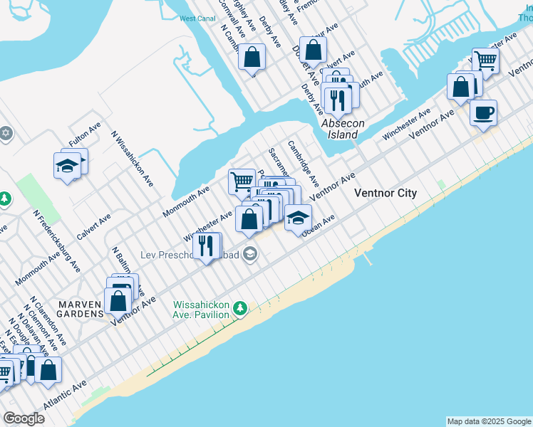 map of restaurants, bars, coffee shops, grocery stores, and more near 6517 Ventnor Avenue in Ventnor City