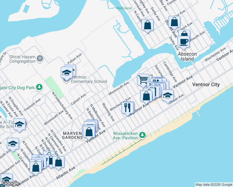 map of restaurants, bars, coffee shops, grocery stores, and more near 6715 Monmouth Avenue in Ventnor City