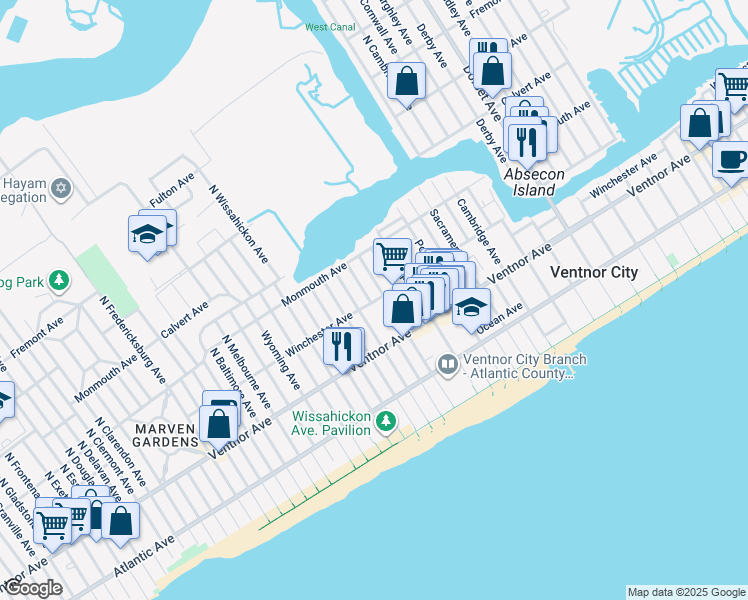 map of restaurants, bars, coffee shops, grocery stores, and more near 103 North Avolyn Avenue in Ventnor City