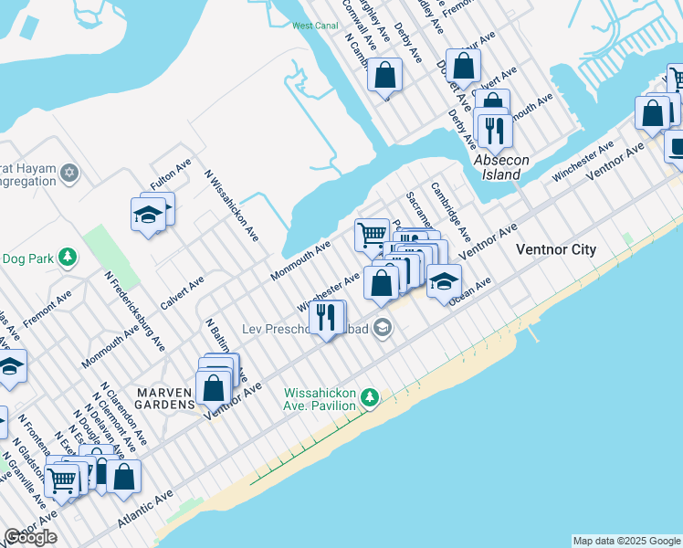 map of restaurants, bars, coffee shops, grocery stores, and more near 123 North Troy Avenue in Ventnor City