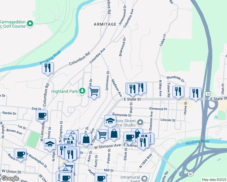 map of restaurants, bars, coffee shops, grocery stores, and more near 24 Spring Street in Athens