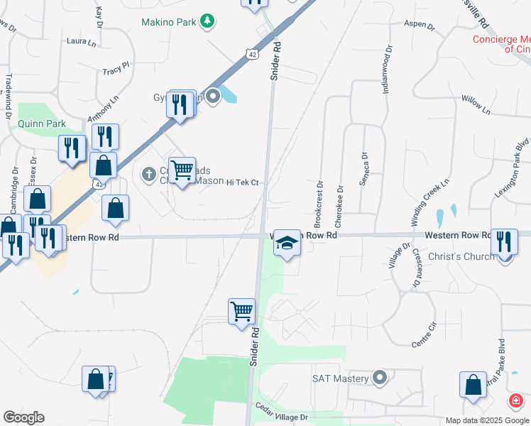 map of restaurants, bars, coffee shops, grocery stores, and more near 6004 Western Row Road in Mason