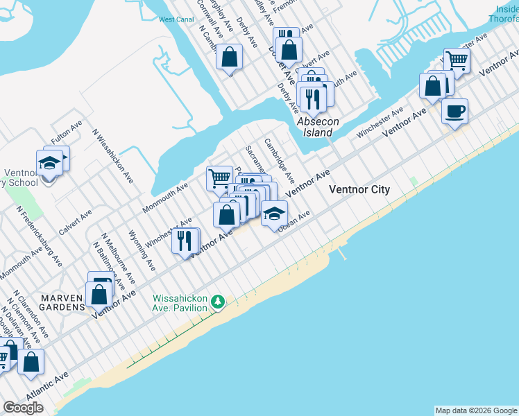 map of restaurants, bars, coffee shops, grocery stores, and more near in Ventnor City