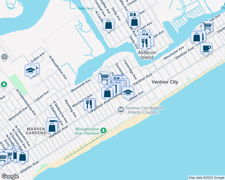 map of restaurants, bars, coffee shops, grocery stores, and more near 6416 Winchester Avenue in Ventnor City