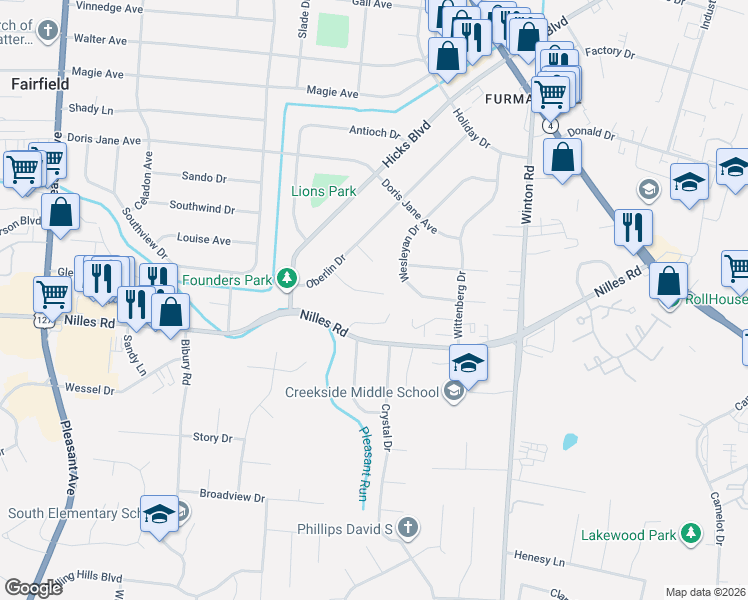 map of restaurants, bars, coffee shops, grocery stores, and more near 1031 Depauw Drive in Fairfield