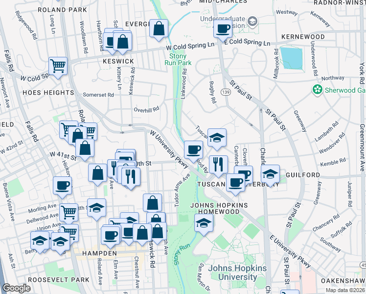 map of restaurants, bars, coffee shops, grocery stores, and more near 4010 Linkwood Road in Baltimore