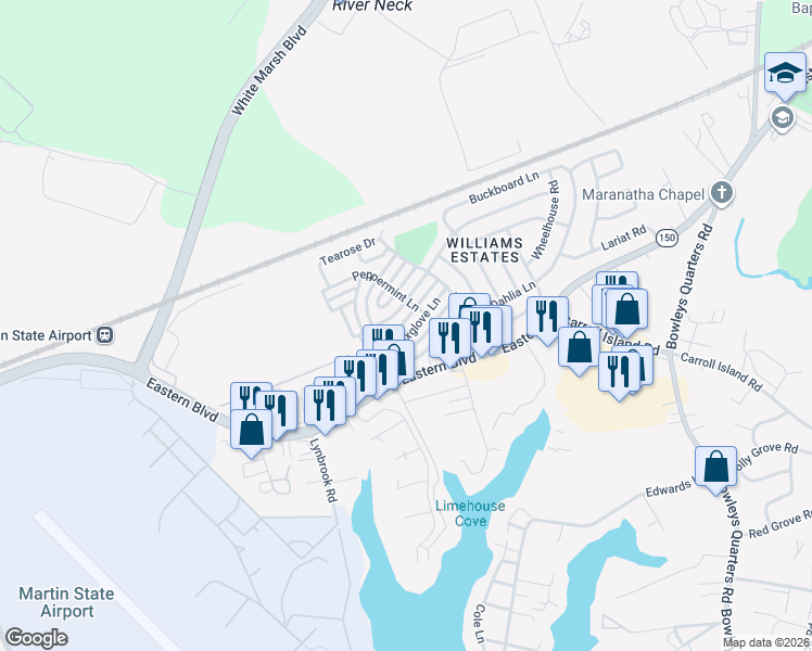 map of restaurants, bars, coffee shops, grocery stores, and more near 3209 Gentian Lane in Middle River