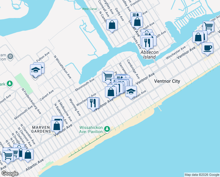 map of restaurants, bars, coffee shops, grocery stores, and more near 6416 Winchester Avenue in Ventnor City