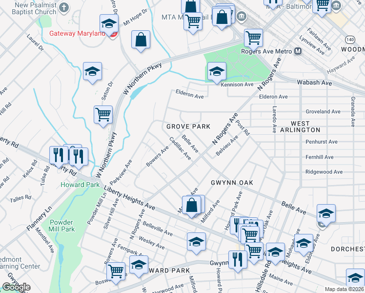 map of restaurants, bars, coffee shops, grocery stores, and more near 5512 Cadillac Avenue in Baltimore