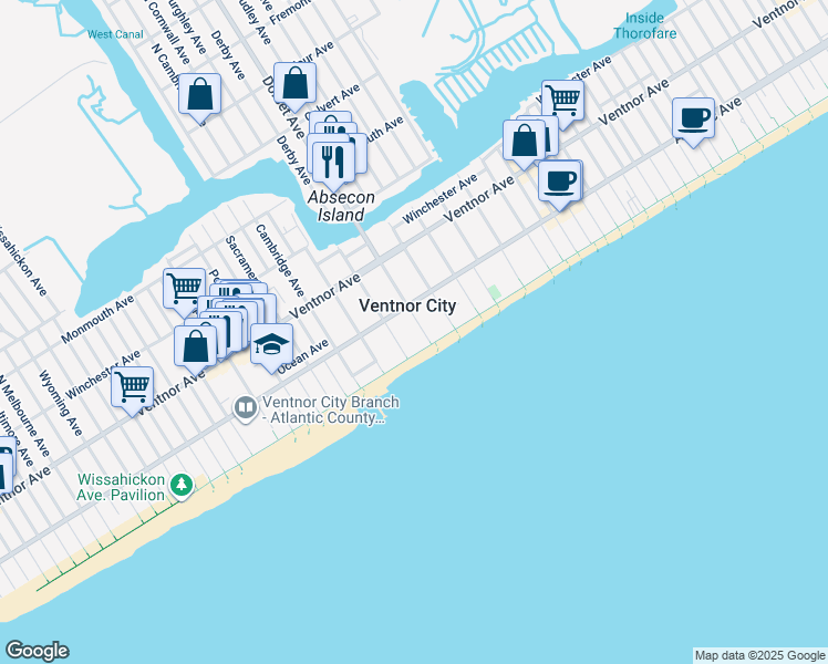 map of restaurants, bars, coffee shops, grocery stores, and more near 110 South Dorset Avenue in Ventnor City
