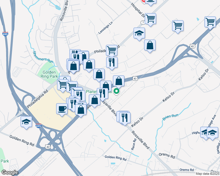 map of restaurants, bars, coffee shops, grocery stores, and more near Pulaski Highway in Middle River