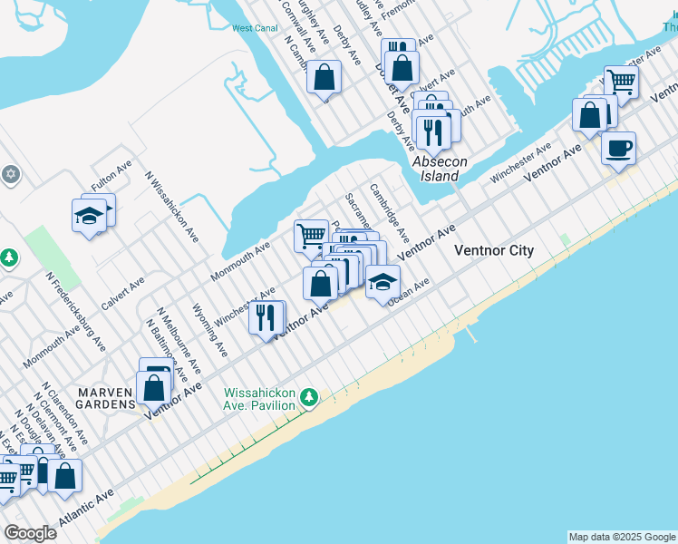map of restaurants, bars, coffee shops, grocery stores, and more near 6416 Winchester Avenue in Ventnor City