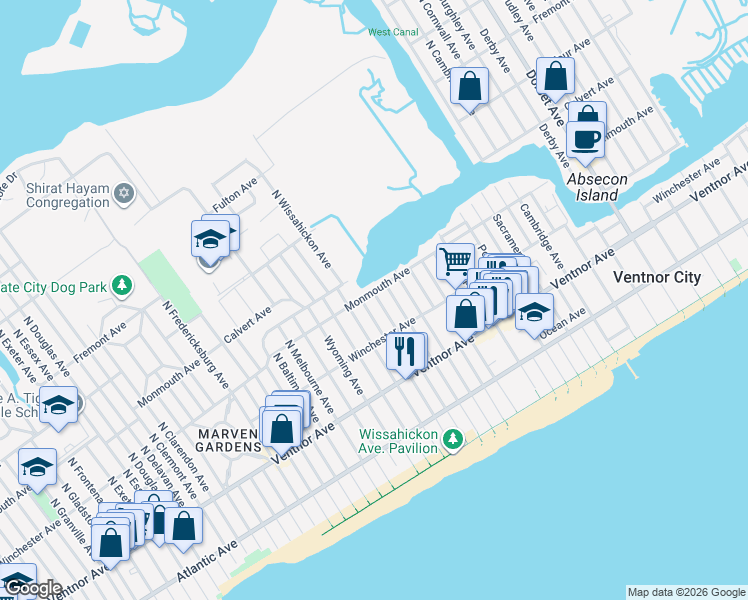 map of restaurants, bars, coffee shops, grocery stores, and more near 6715 Monmouth Avenue in Ventnor City