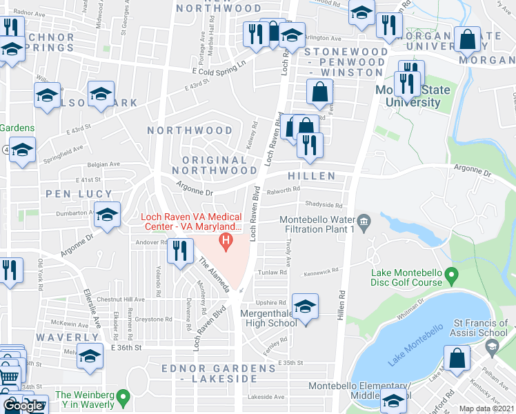 map of restaurants, bars, coffee shops, grocery stores, and more near Loch Raven Blvd & Shadyside Rd in Baltimore