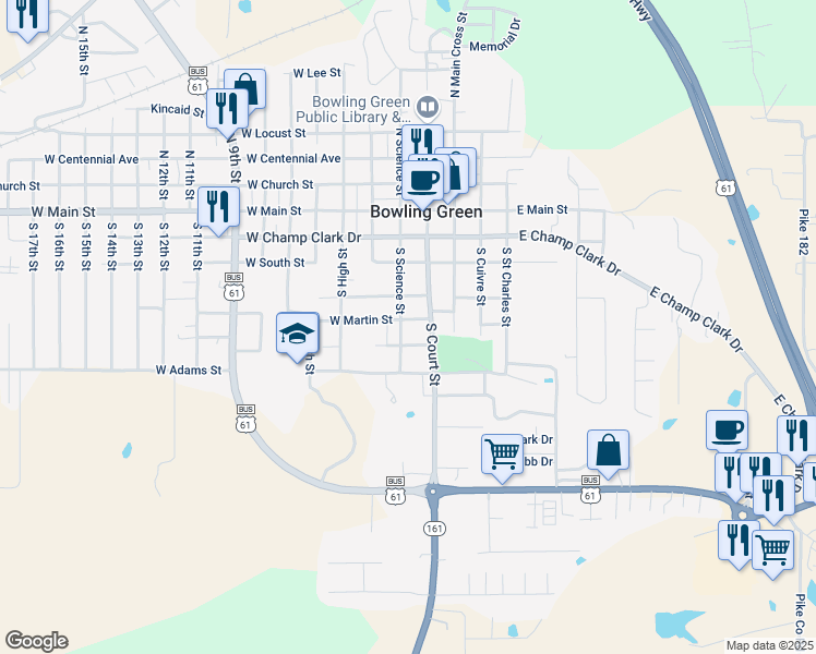 map of restaurants, bars, coffee shops, grocery stores, and more near 318 South Court Street in Bowling Green