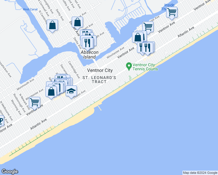 map of restaurants, bars, coffee shops, grocery stores, and more near 110 South Dorset Avenue in Ventnor City