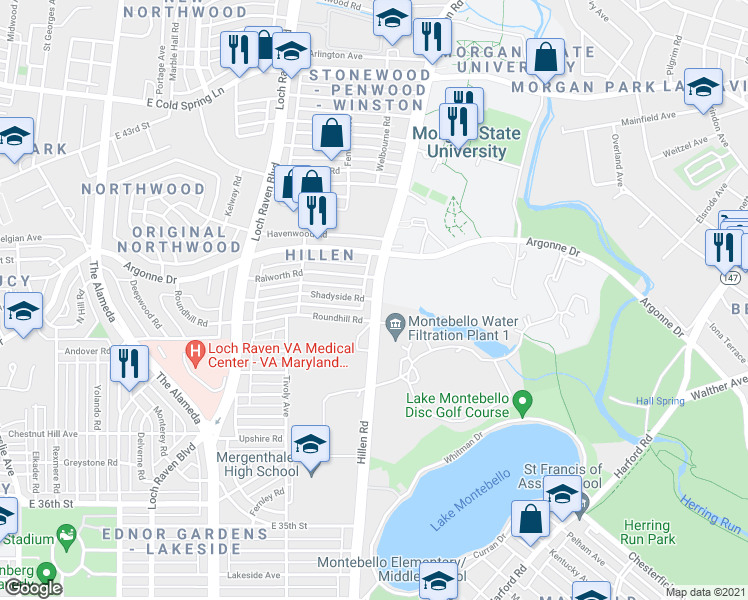 map of restaurants, bars, coffee shops, grocery stores, and more near Hillen Road & Shadyside Road in Baltimore