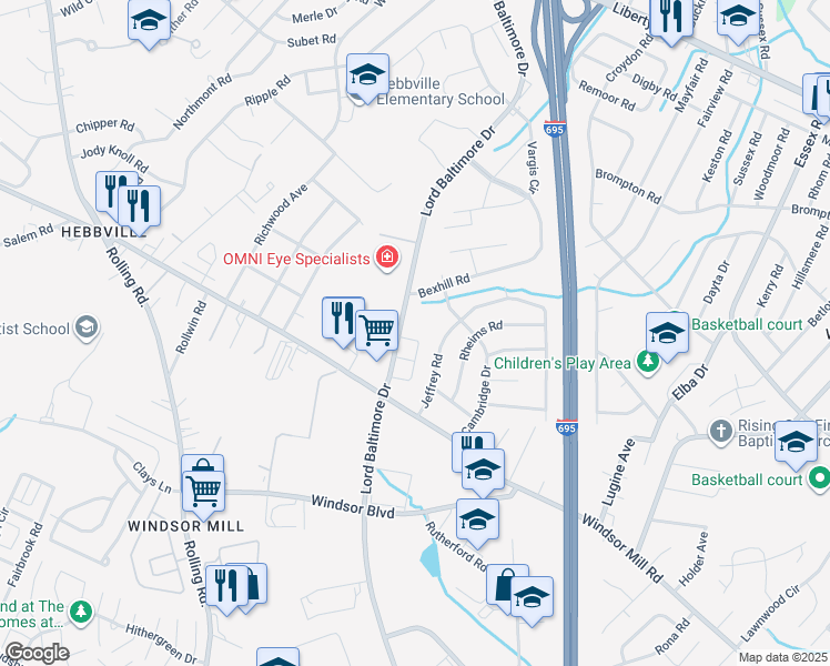 map of restaurants, bars, coffee shops, grocery stores, and more near 7205 Rutherford Green Circle in Milford Mill