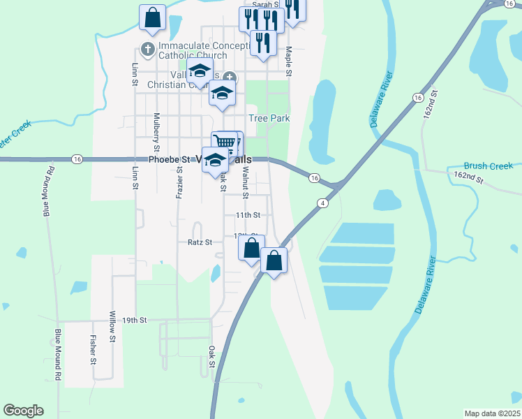 map of restaurants, bars, coffee shops, grocery stores, and more near 1004 Sycamore Street in Valley Falls