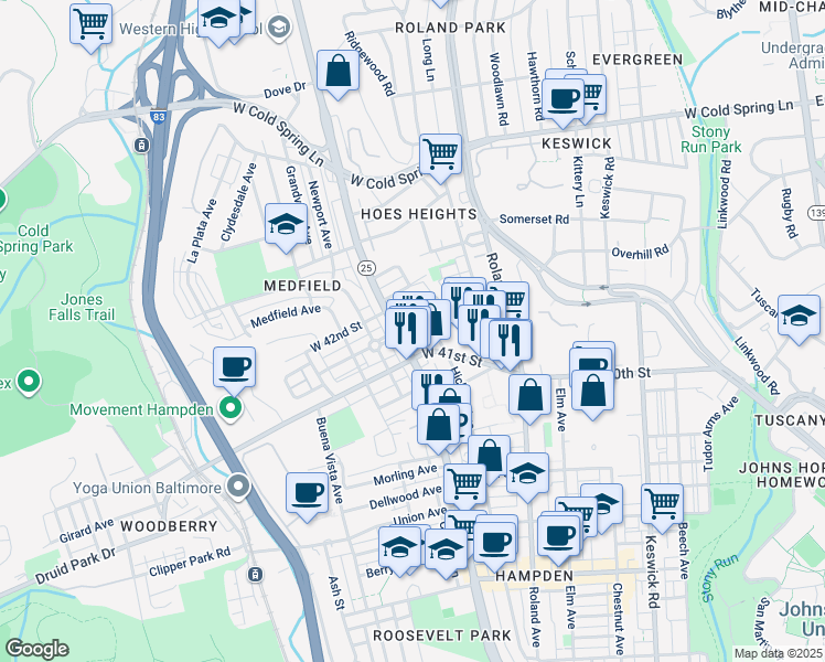 map of restaurants, bars, coffee shops, grocery stores, and more near 1118 Weldon Avenue in Baltimore