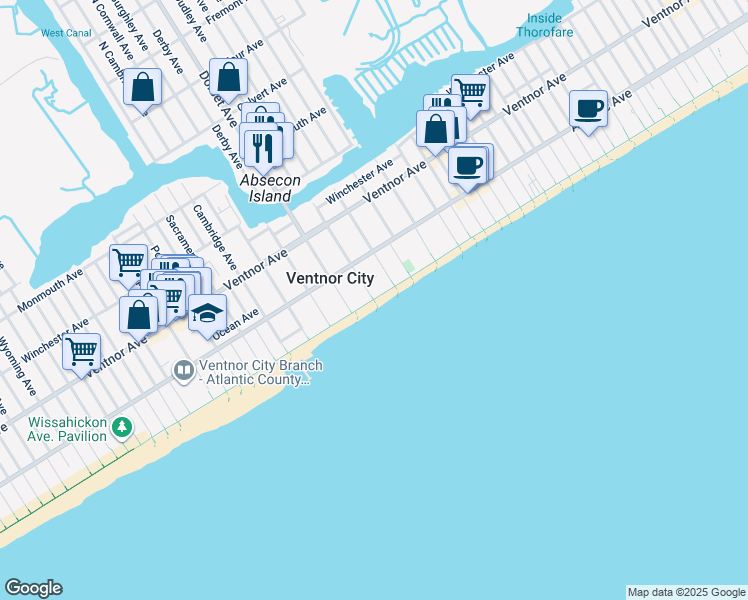 map of restaurants, bars, coffee shops, grocery stores, and more near 5802 Boardwalk in Ventnor City