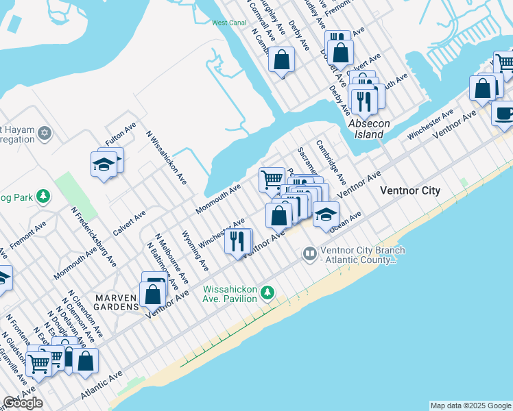 map of restaurants, bars, coffee shops, grocery stores, and more near 103 North Avolyn Avenue in Ventnor City