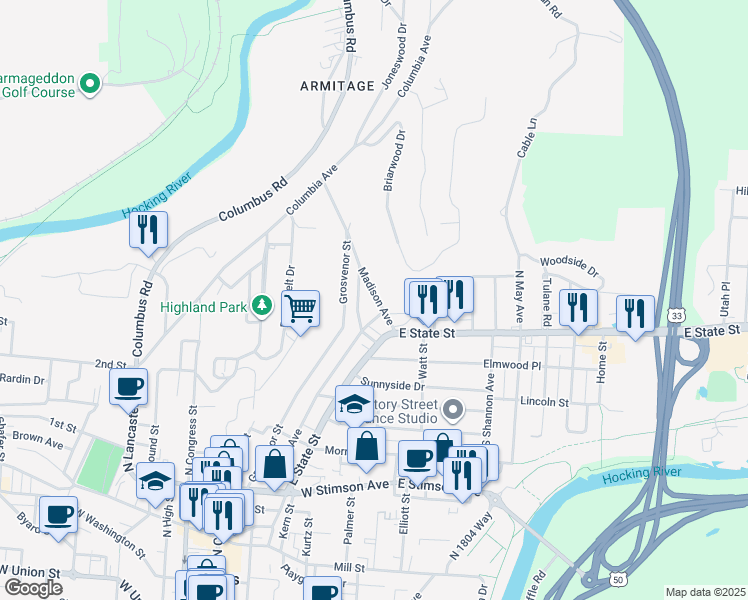 map of restaurants, bars, coffee shops, grocery stores, and more near 24 Spring Street in Athens