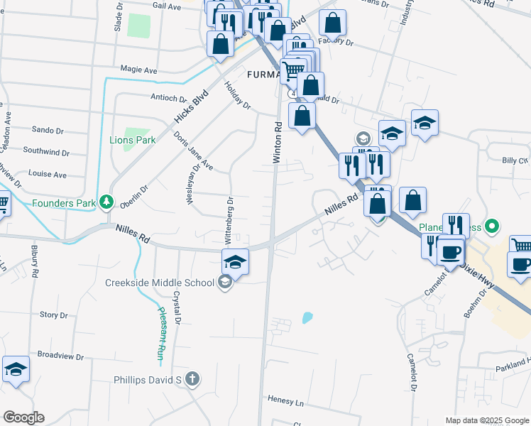 map of restaurants, bars, coffee shops, grocery stores, and more near 5125 Winton Road in Fairfield